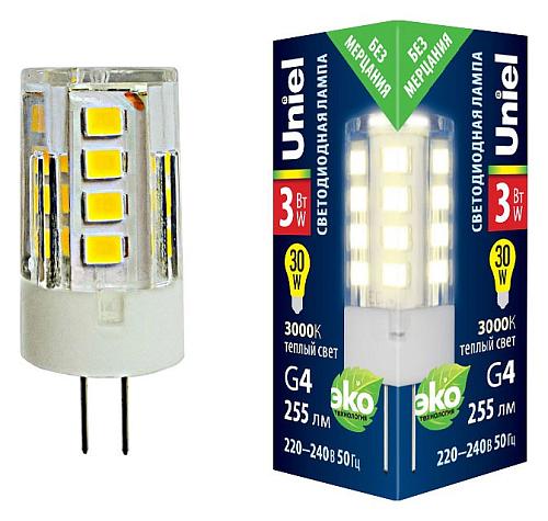 Лампа светодиодная Uniel  G4 3Вт 3000K LED-JC-220/3W/3000K/G4/CL GLZ09TR картон