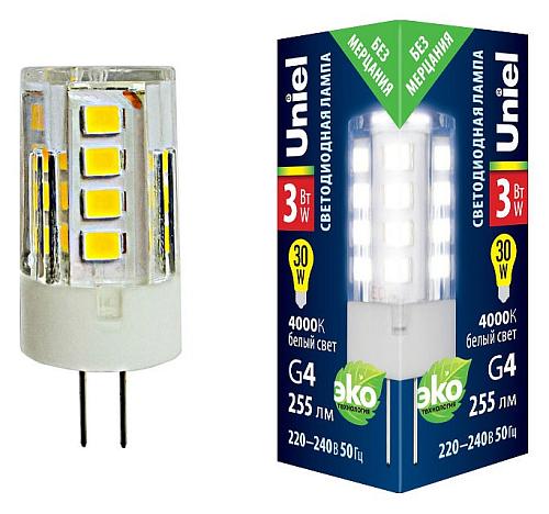 Лампа светодиодная Uniel  G4 3Вт 4000K LED-JC-220/3W/4000K/G4/CL GLZ09TR картон